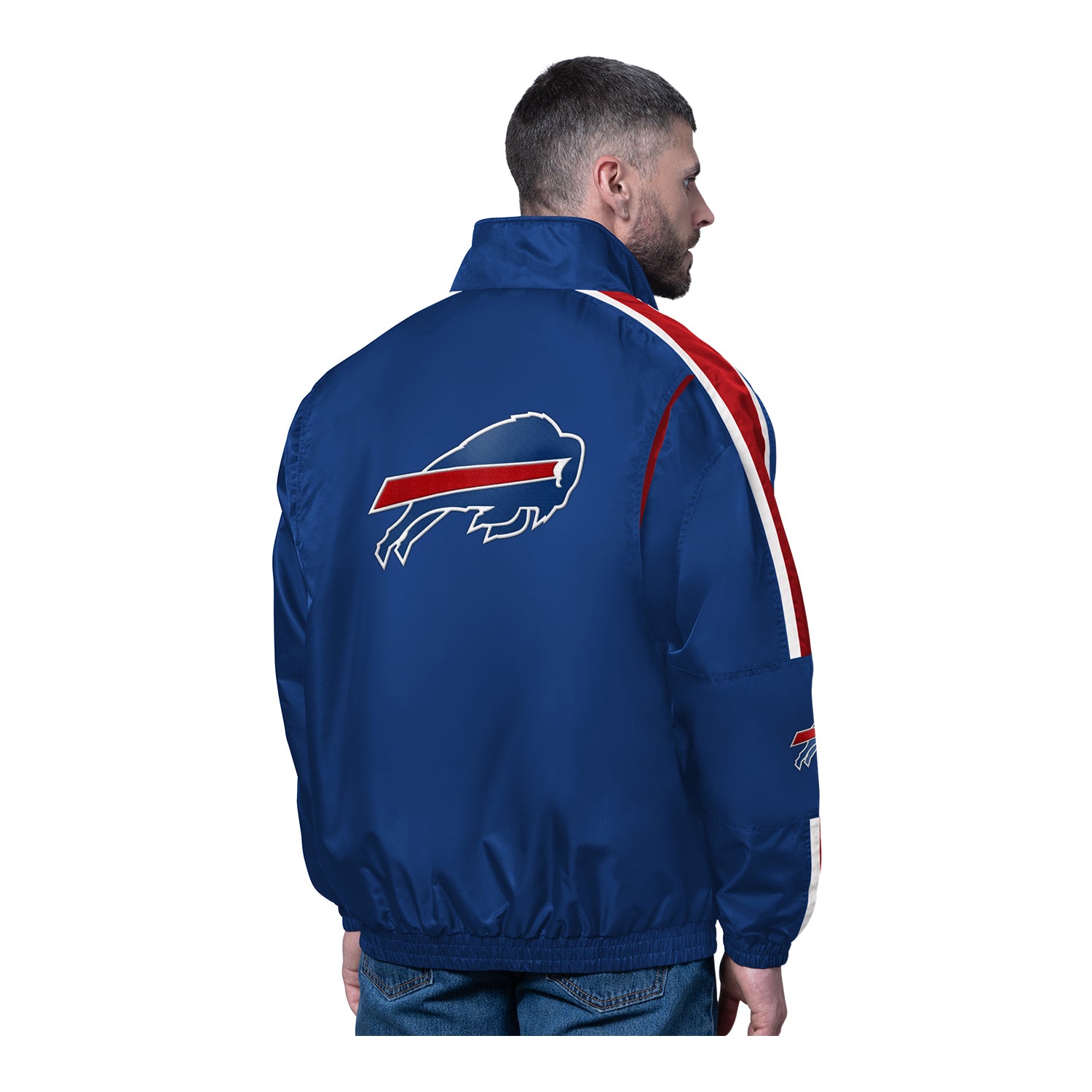 Buffalo Bills Starter Freestyle Full Zip Nylon Jacket In Blue - Back View On Model