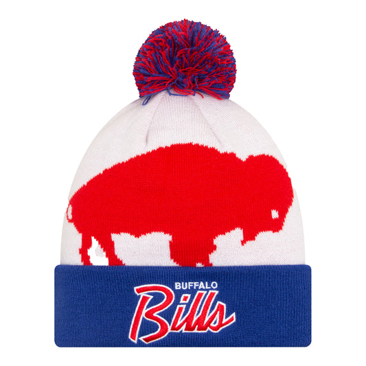 New Era Bills Script Retro Logo Knit Hat In White - Front View