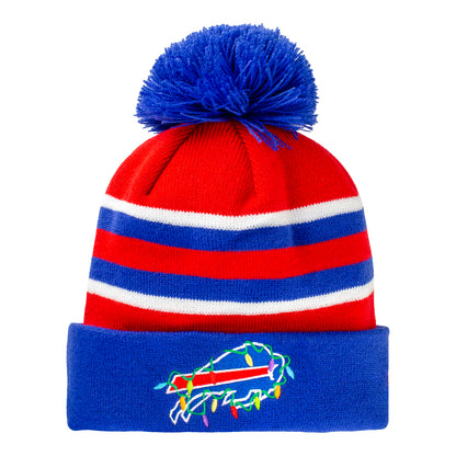 Buffalo Bills New Era Christmas Lights Knit Hat In Red & Blue - Front View