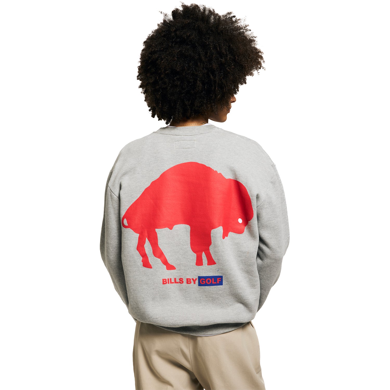 Buffalo Bills GOLF WANG x Bills Throwback Unisex Crewneck Sweatshirt In Grey On Model - Back View