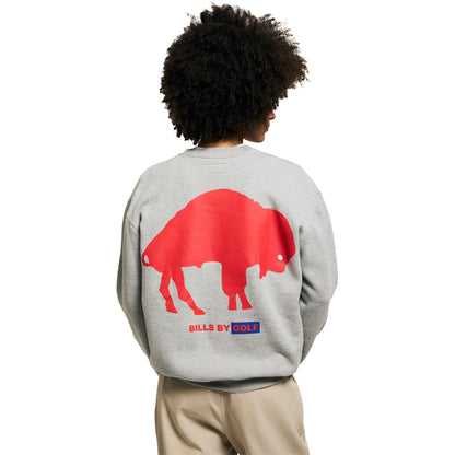 Buffalo Bills GOLF WANG x Bills Throwback Unisex Crewneck Sweatshirt In Grey On Model - Back View