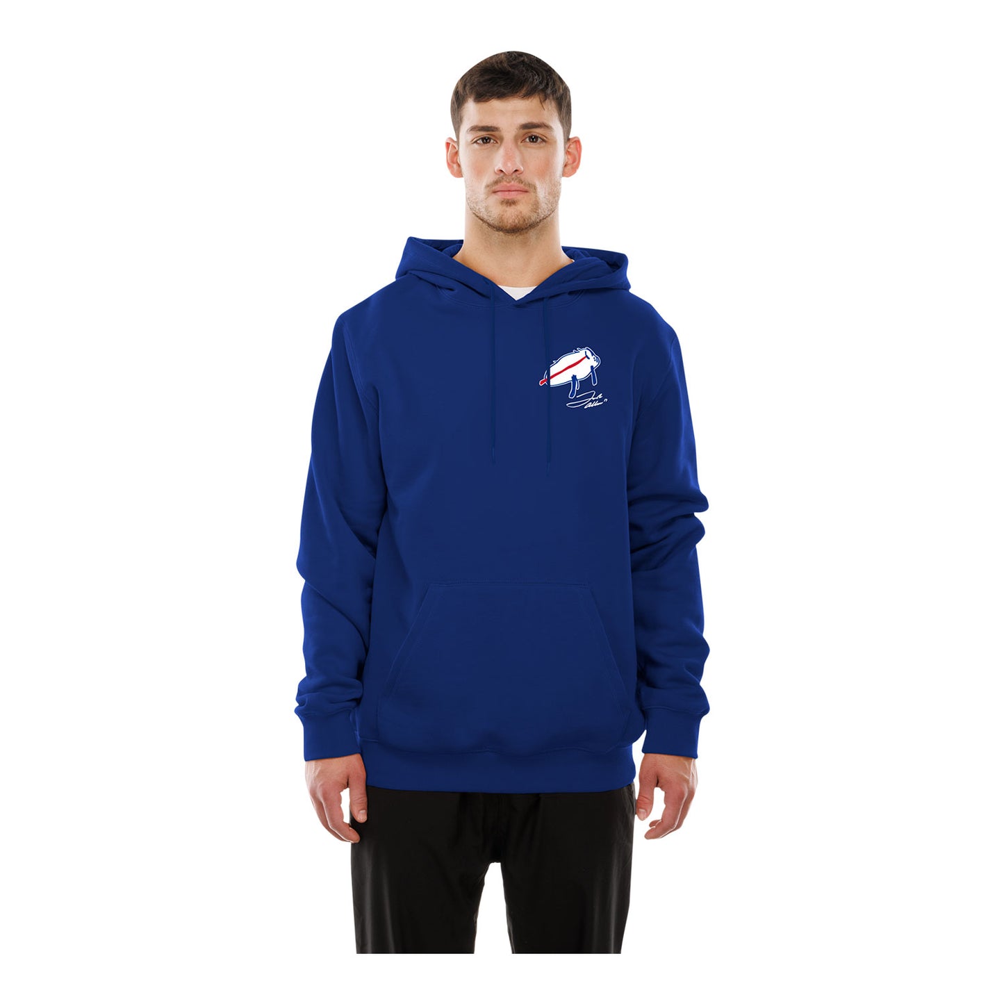 Buffalo Bills New Era Billustration Josh Allen Hooded Sweatshirt In Blue, White & Red - Front View On Model
