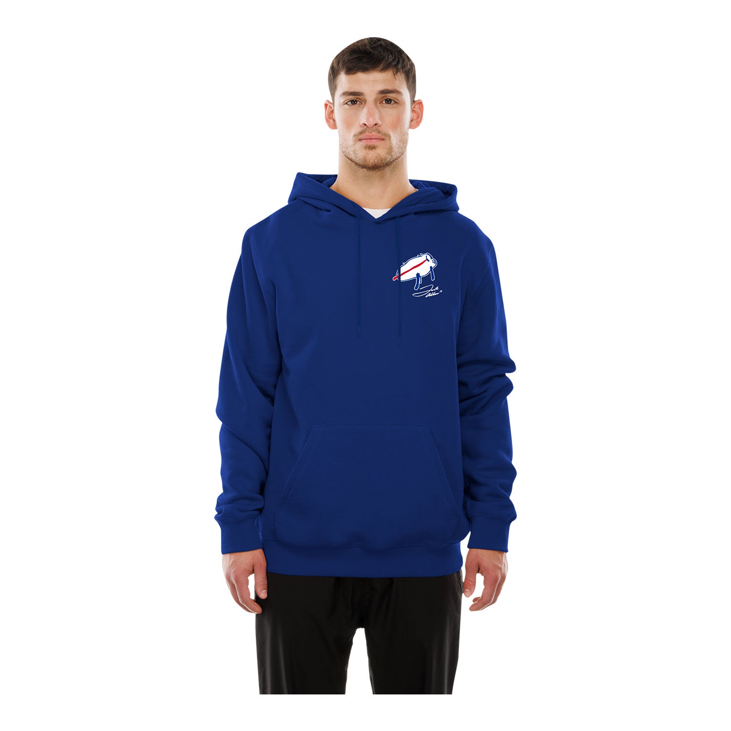 Buffalo Bills New Era Billustration Josh Allen Hooded Sweatshirt In Blue, White & Red - Front View On Model