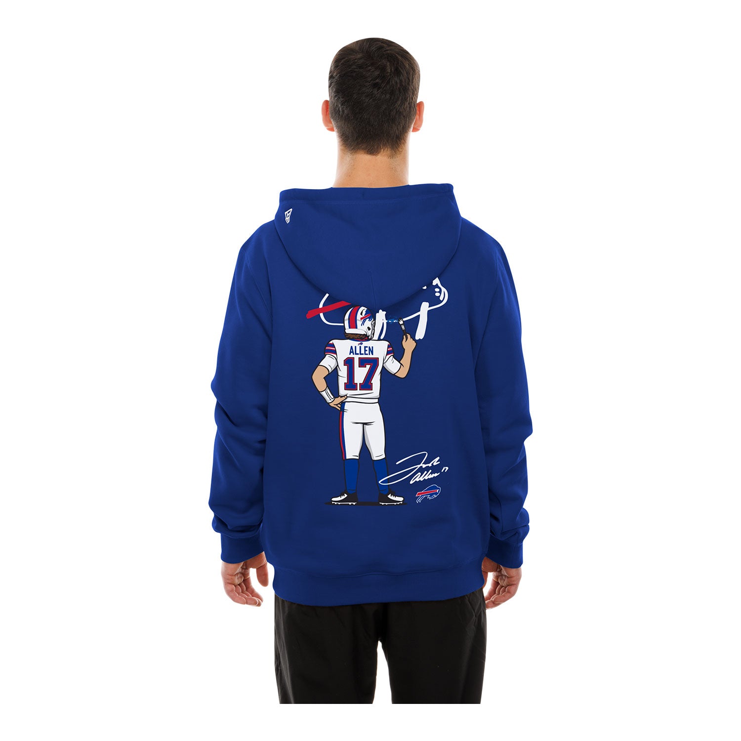Buffalo Bills New Era Billustration Josh Allen Hooded Sweatshirt In Blue, White & Red - Back View On Model