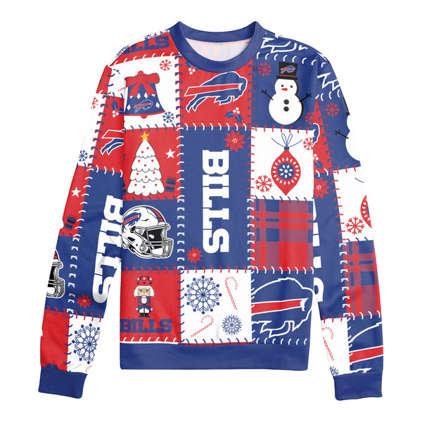 FOCO Buffalo Bills Holiday Square Ugly Sweater Crewneck In Blue, Red & White - Front View