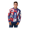 FOCO Buffalo Bills Holiday Square Ugly Sweater Crewneck In Blue, Red & White - Front View On Model
