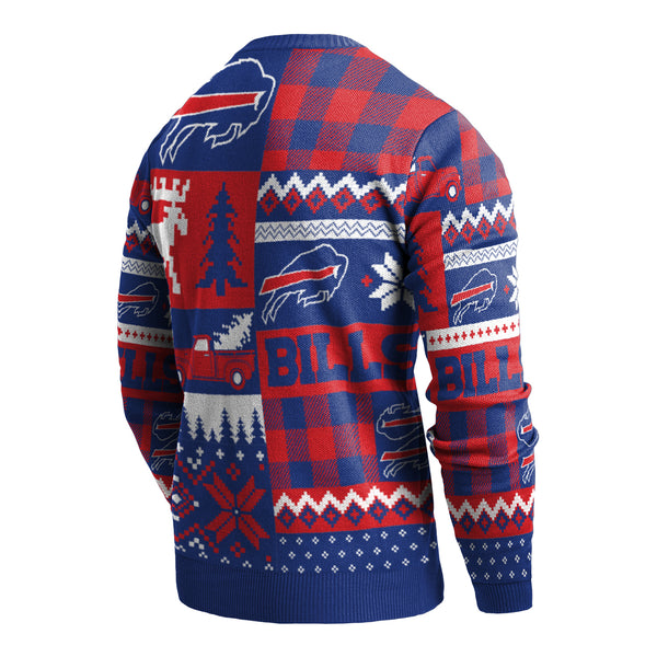 FOCO Buffalo Bills Patches Ugly Sweater Crewneck In Red, Blue & White - Back View