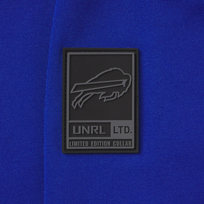 UNRL x Bills Crossover Hoodie II In Blue - Zoom View On Left Sleeve Graphic