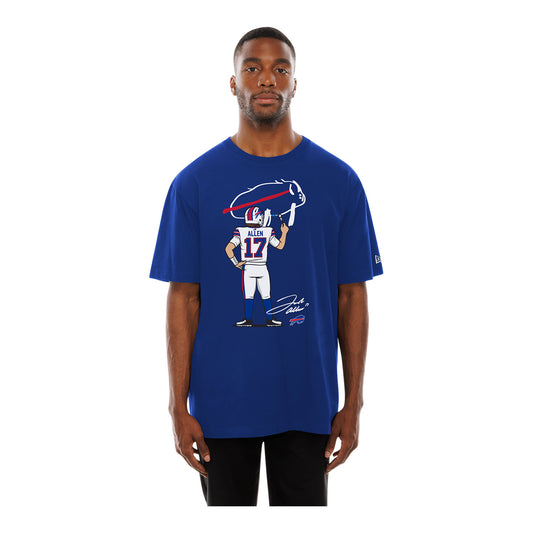 Buffalo Bills New Era Billustration Josh Allen T-Shirt In Blue, White & Red - Front View On Model