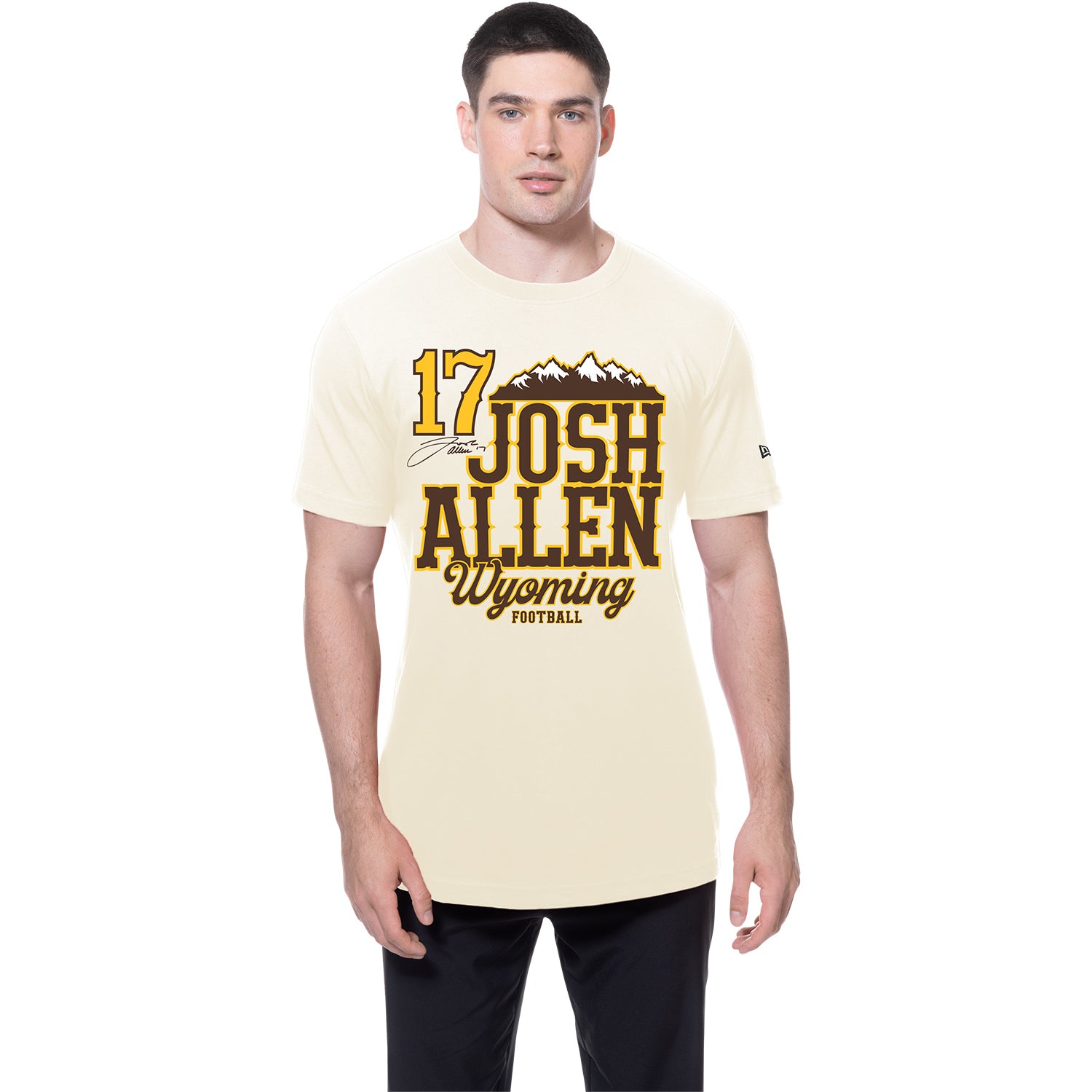 New Era Josh Allen Wyoming Short Sleeve T-Shirt In Cream - Front View