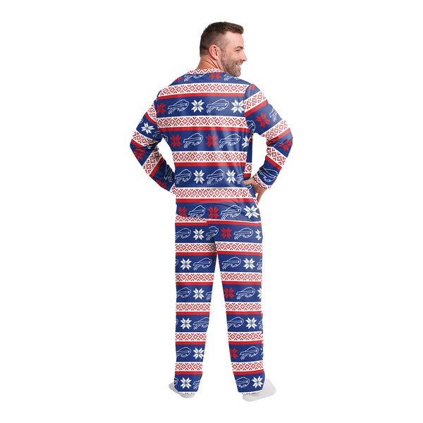 FOCO Buffalo Bills Christmas Pajama Set In Blue, Red & White - Back View On Model