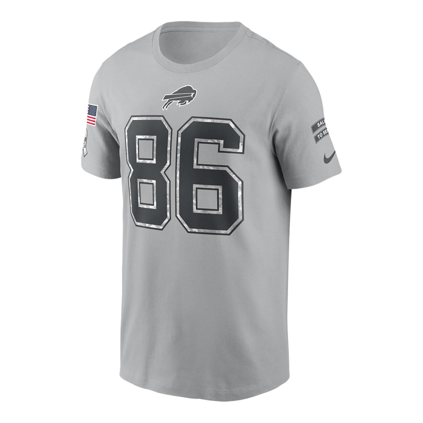 Buffalo Bills Nike Salute to Service Dalton Kincaid Name and Number T-Shirt In Grey - Front View