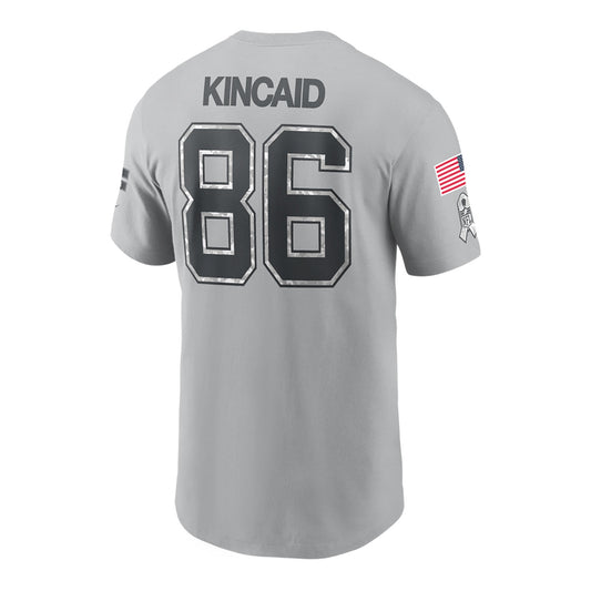 Buffalo Bills Nike Salute to Service Dalton Kincaid Name and Number T-Shirt In Grey - Back View