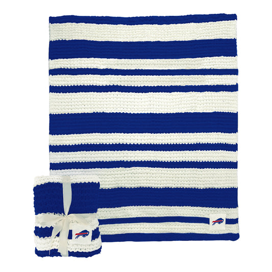 Buffalo Bills Cable Knit Striped Blanket In Blue & White - Front View