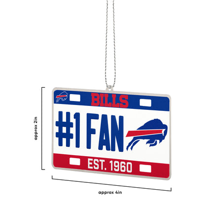 Buffalo Bills License Plate Ornament In White, Blue & Red - Front View With Dimensions