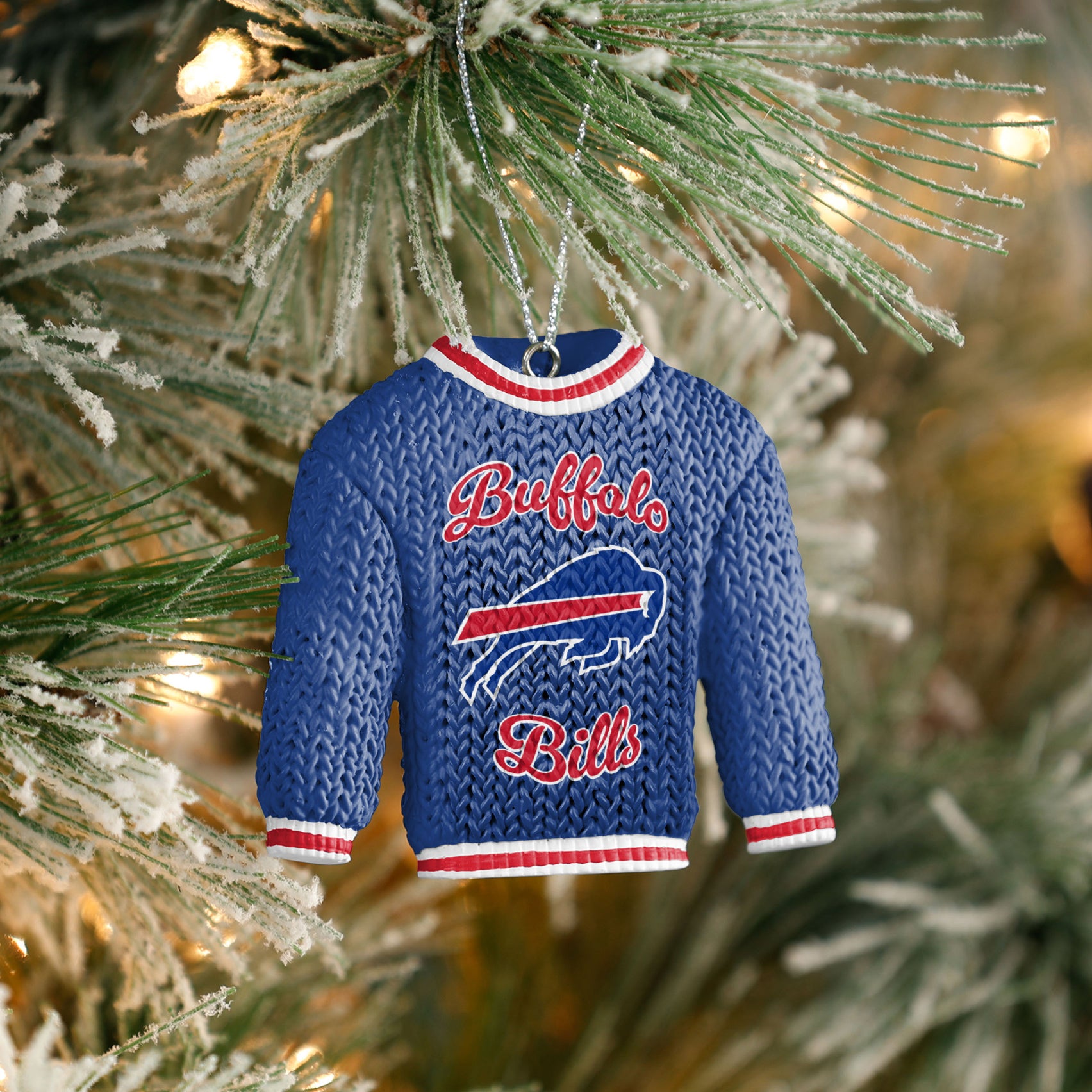 Buffalo Bills Sweater Ornament In Blue - Front View On Christmas Tree