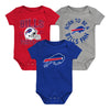 Infant Born to Be Bills Onesie 3-Pack In Red, Blue & Grey - Combined 3-Pack Front View