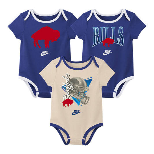 Buffalo Bills Newborn Nike Rewind 3 Pack Onesie In Blue, Tan & Red - Combined 3-Pack Front View