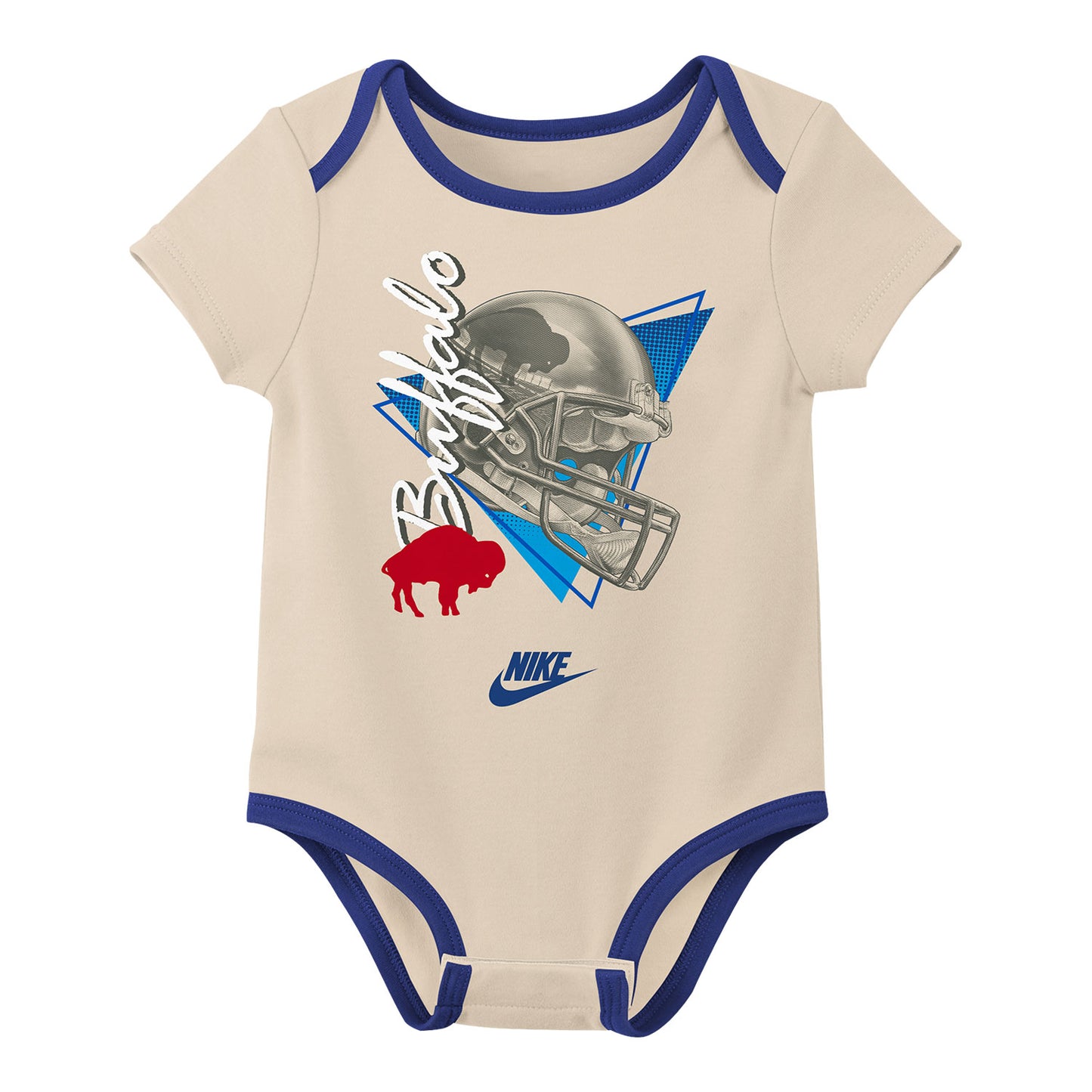 Buffalo Bills Newborn Nike Rewind 3 Pack Onesie In Tan & Blue - Single Onesie Front View