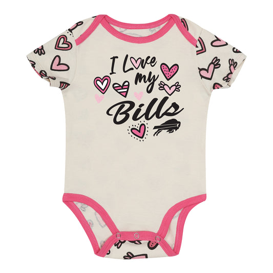 Newborn Buffalo Bills Love My Bills Hearts Onesie In White & Pink - Front View
