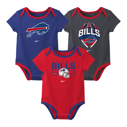 Buffalo Bills 3-Pack Creeper Set In Red, Blue & Grey - Combined 3-Pack Front View