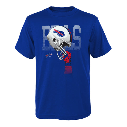 Youth Helmet Held High T-Shirt In Blue & White - Front View