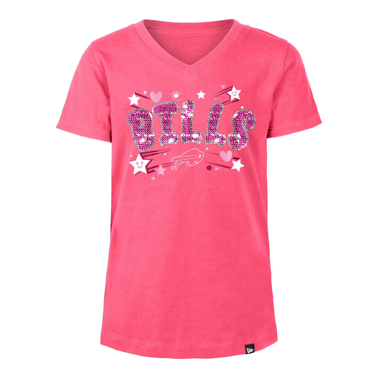 Buffalo Bills New Era Youth Girls Sequins T-Shirt In Pink - Front View