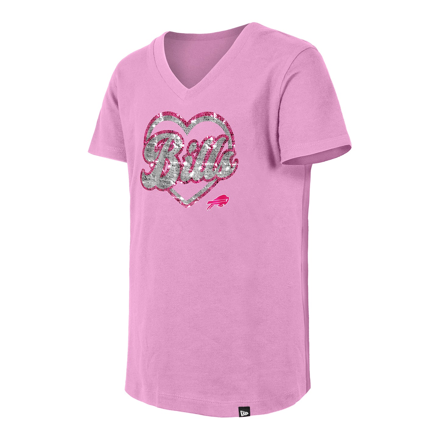 Buffalo Bills New Era Youth Girls Glitter Flip T-Shirt In Pink - Front View