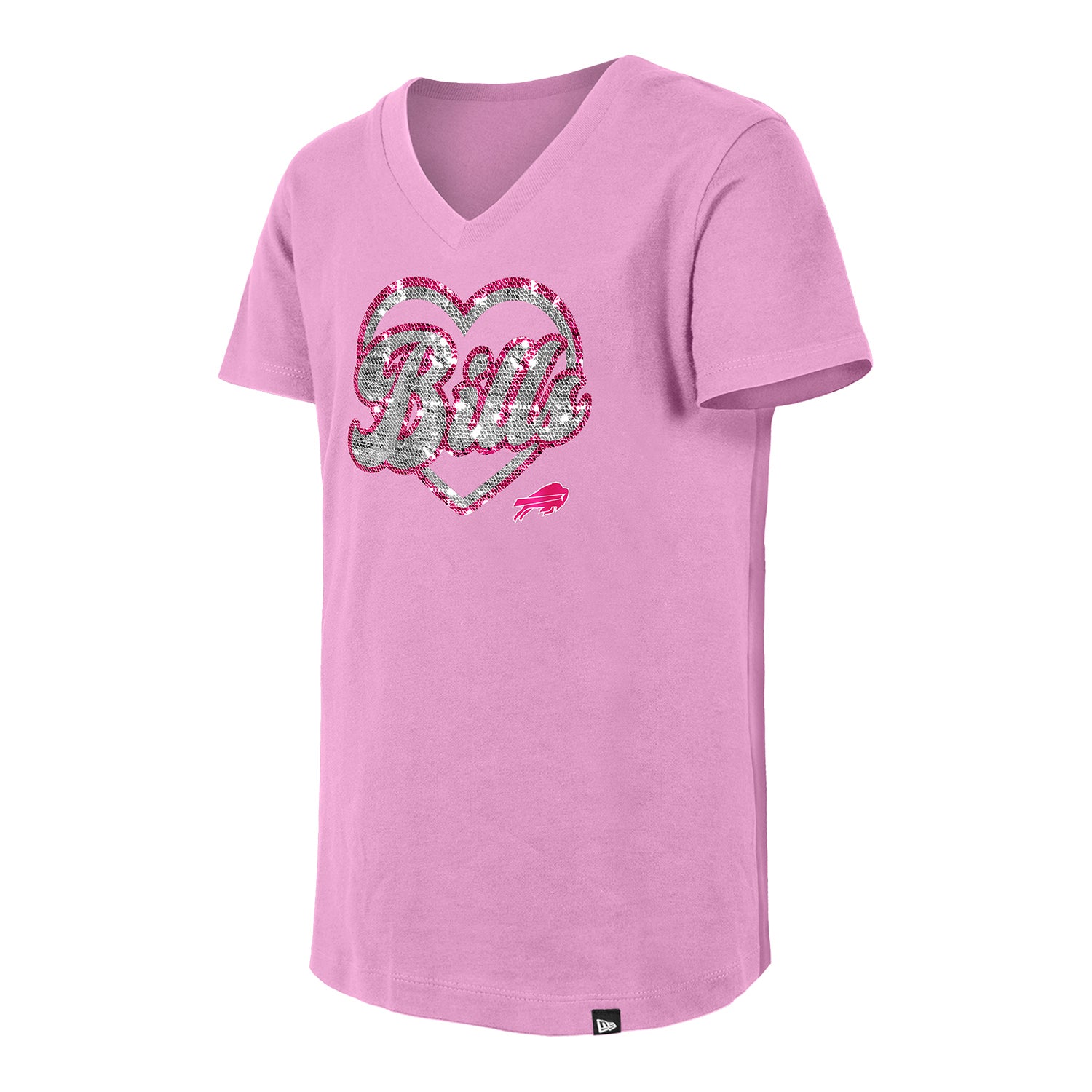 Buffalo Bills New Era Youth Girls Glitter Flip T-Shirt In Pink - Front View
