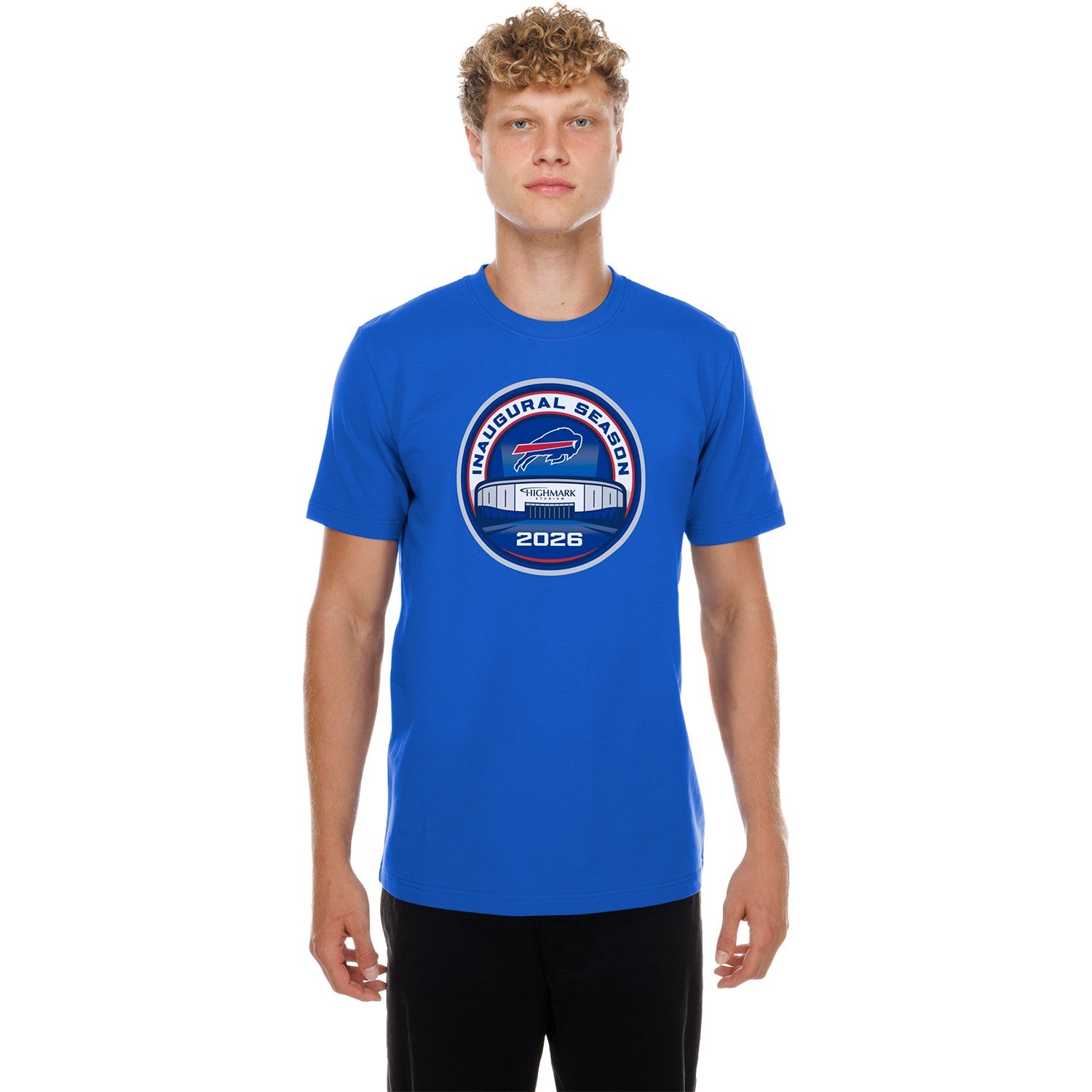 Buffalo Bills 2026 Highmark Stadium Inaugural Season Logo T-Shirt by New Era In Blue - Front View On Model