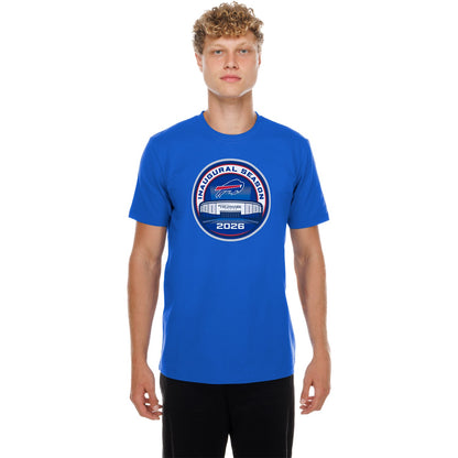 Buffalo Bills 2026 Highmark Stadium Inaugural Season Logo T-Shirt by New Era In Blue - Front View On Model