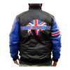 GIII Starter Bills Exclusive London Mafia Leather Jacket In Black, Blue & Red - Back View On Model