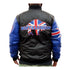 GIII Starter Bills Exclusive London Mafia Leather Jacket In Black, Blue & Red - Back View On Model