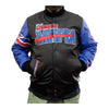GIII Starter Bills Exclusive London Mafia Leather Jacket In Black, Blue & Red - Front View On Model