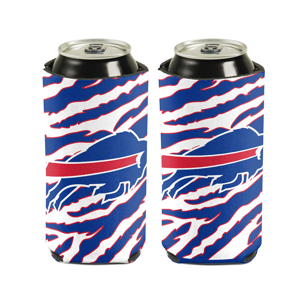 16 oz. Bills Zebra Stripes Can Cooler in Blue, White and Red - Front and Back View