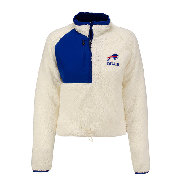 Ladies Bills Antigua 1/2-Zip Sherpa Pullover In White & Blue - Front View