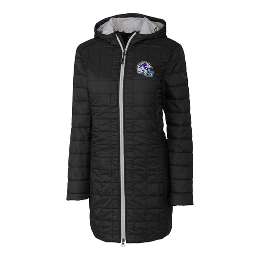 Ladies Cutter & Buck Rainier PrimaLoft Insulated Long Coat In Black - Front View