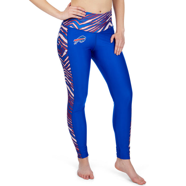 Ladies Zubaz Bills Zebra Print Accent Leggings In Blue, Red & White - Front View On Model