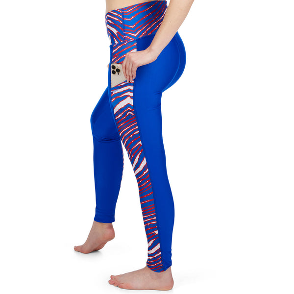 Ladies Zubaz Bills Zebra Print Accent Leggings In Blue, Red & White - Back Left Leg View On Model