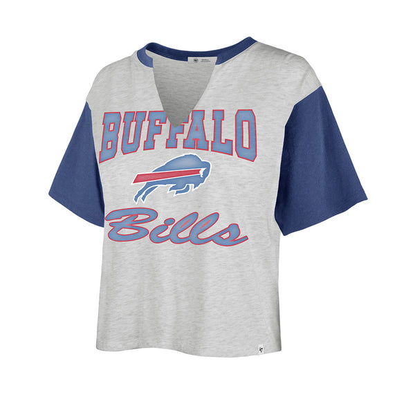 Ladies Bills '47 Brand Team Name Cropped T-Shirt In Grey & Blue - Front View