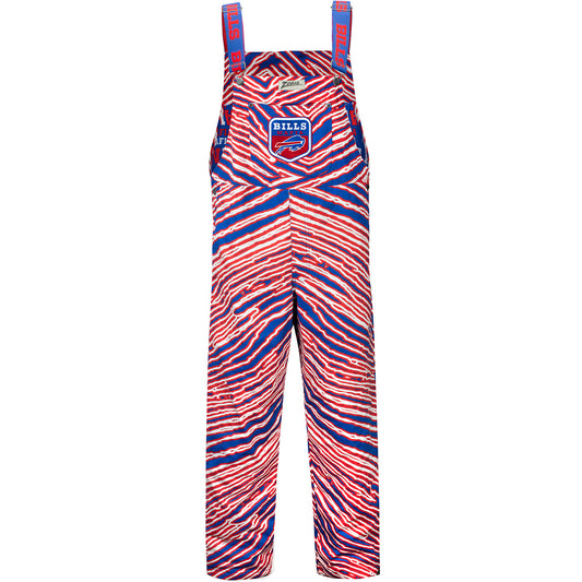 Zubaz Bills Large Zebra Print Bills Mafia Bib Overalls In Blue, White & Red - Front View