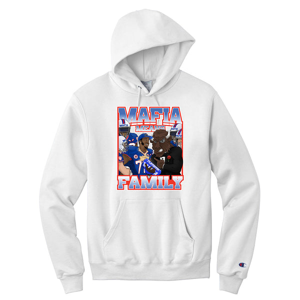 Bills x Benny Collab Mafia Means Family Sweatshirt in White - Front View
