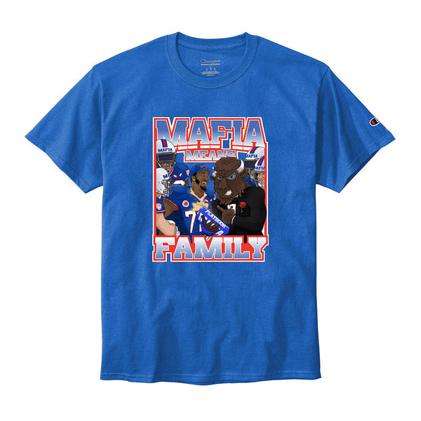 Bills x Benny Collab Mafia Means Family T-Shirt in Blue - Front View