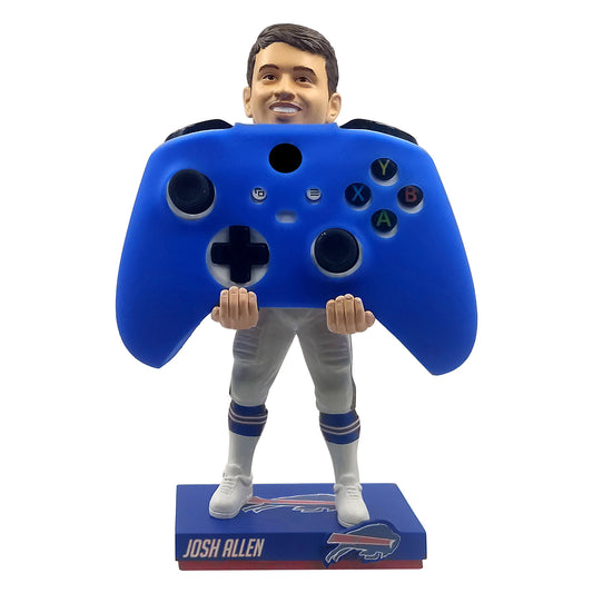 FOCO Bills 9.5" Controller Holding Josh Allen Bobblehead In Blue & White - Front View Holding Controller