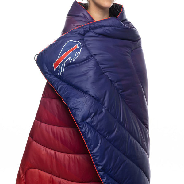 Rumpl Bills 75x52 Puffy Blanket in Blue and Red - Blanket Wrapped Around