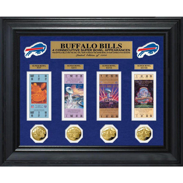 Buffalo Bills 4 Consecutive Super Bowl Appearances Deluxe Ticket & Game Coin Collection - Front View