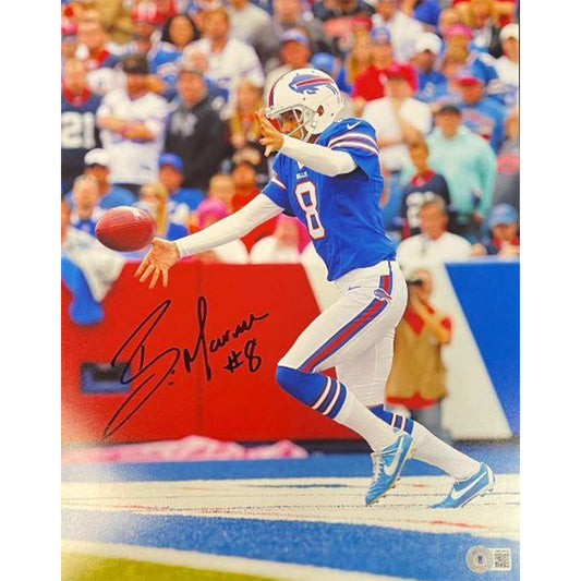 Brian Moorman Signed Endzone Blue Jersey Punt 11x14 Photo - Front View